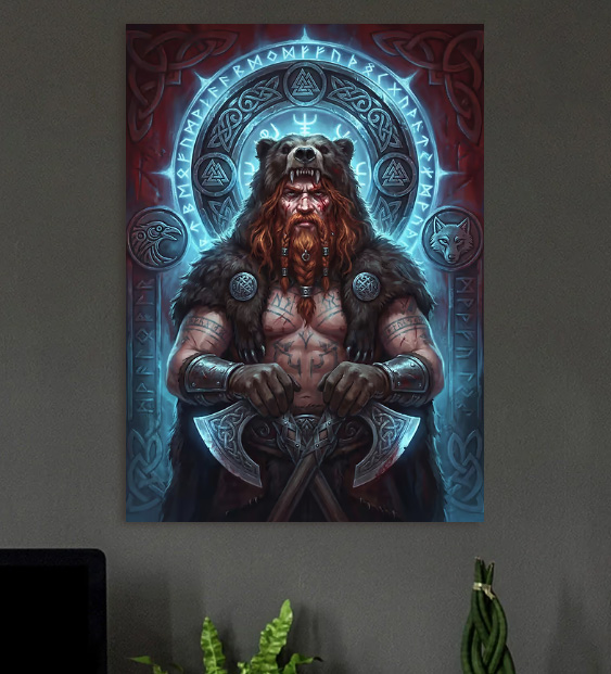 Viking Warrior with Bear Helmet — metal poster wall art by Lineer